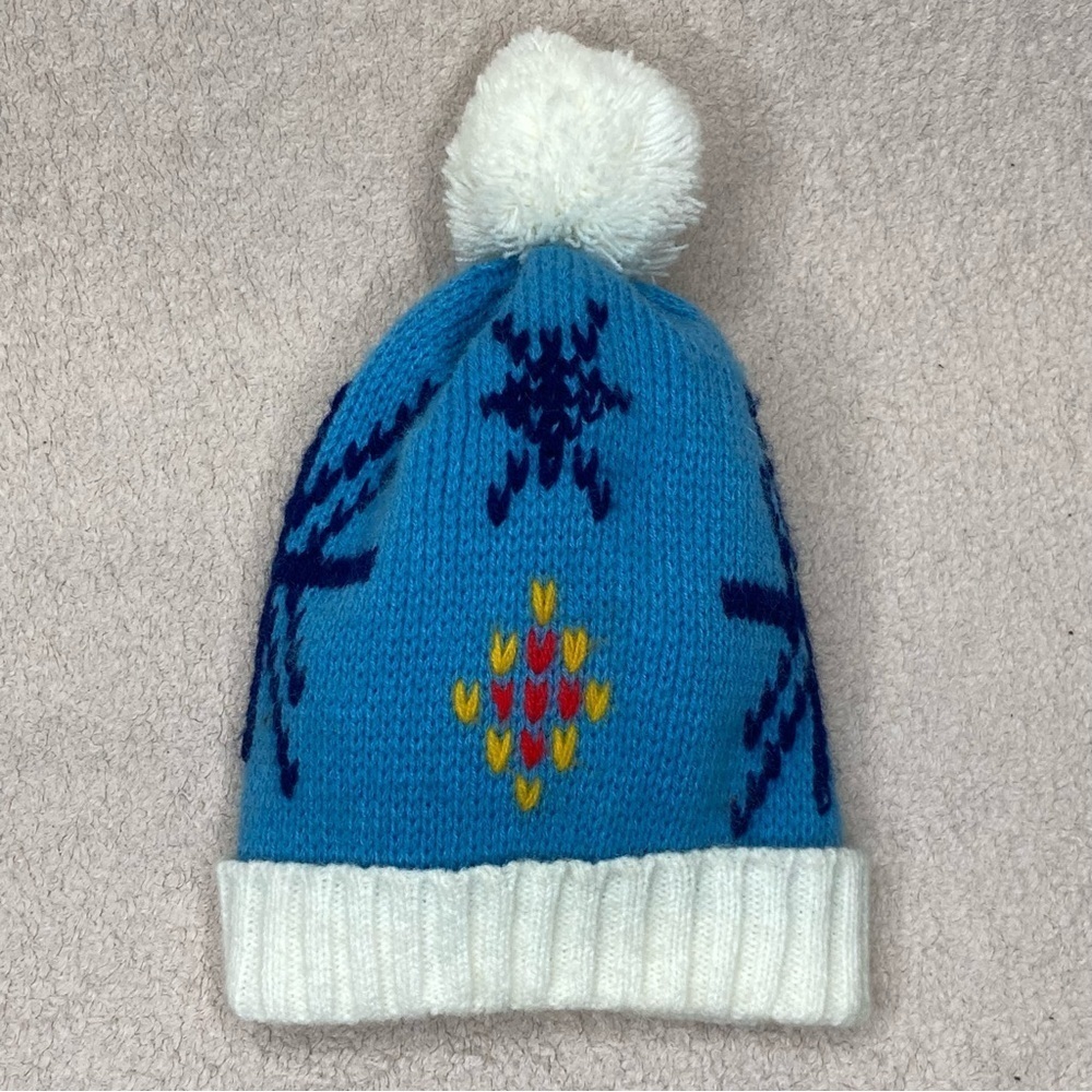 Vintage Kids Pom Beanie Winter Hat-Blue/White-Handwoven-Warm-Cozy-Vtg-Retro-80s